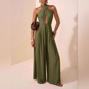 Zivah Deep V-Neck Halter Cross Straps  Backless Pleats Loose Wide-Leg Jumpsuit